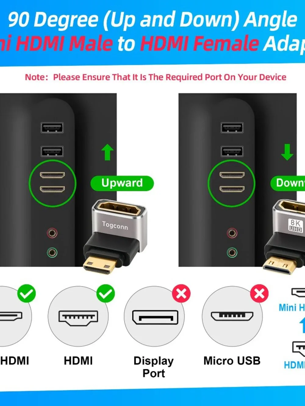 90 Degree Mini HDMI to HDMI Adapter 2 Pack, (Up and Down) Right Angle Mini HDMI
